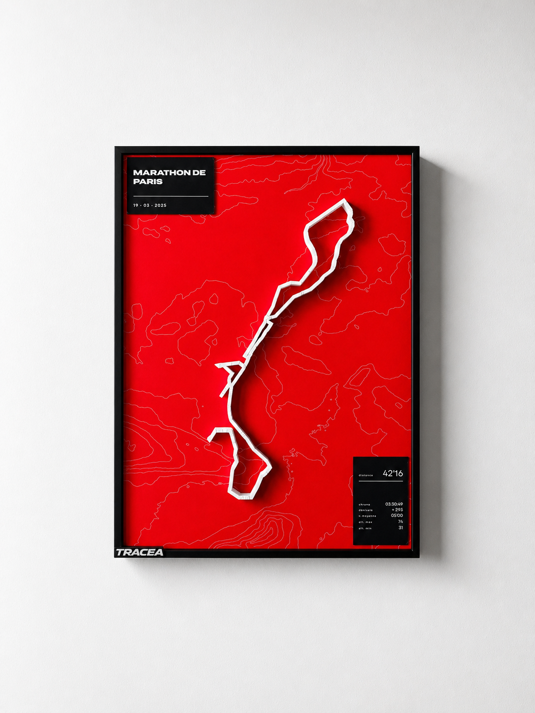 Affiche TRACEA Marathon de Paris en relief blanc sur fond rouge