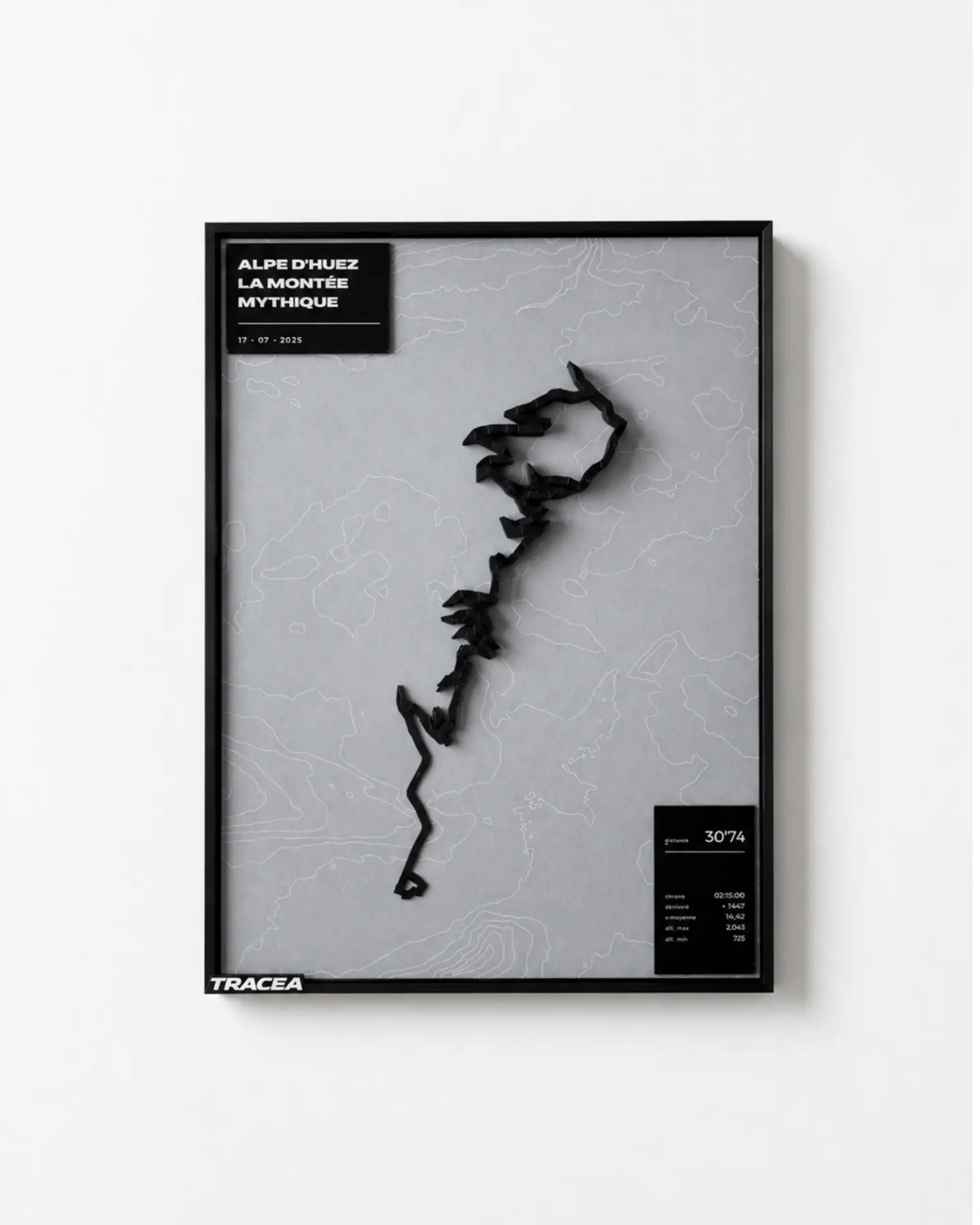 Affiche TRACEA Alpe d'Huez en relief noir sur fond gris
