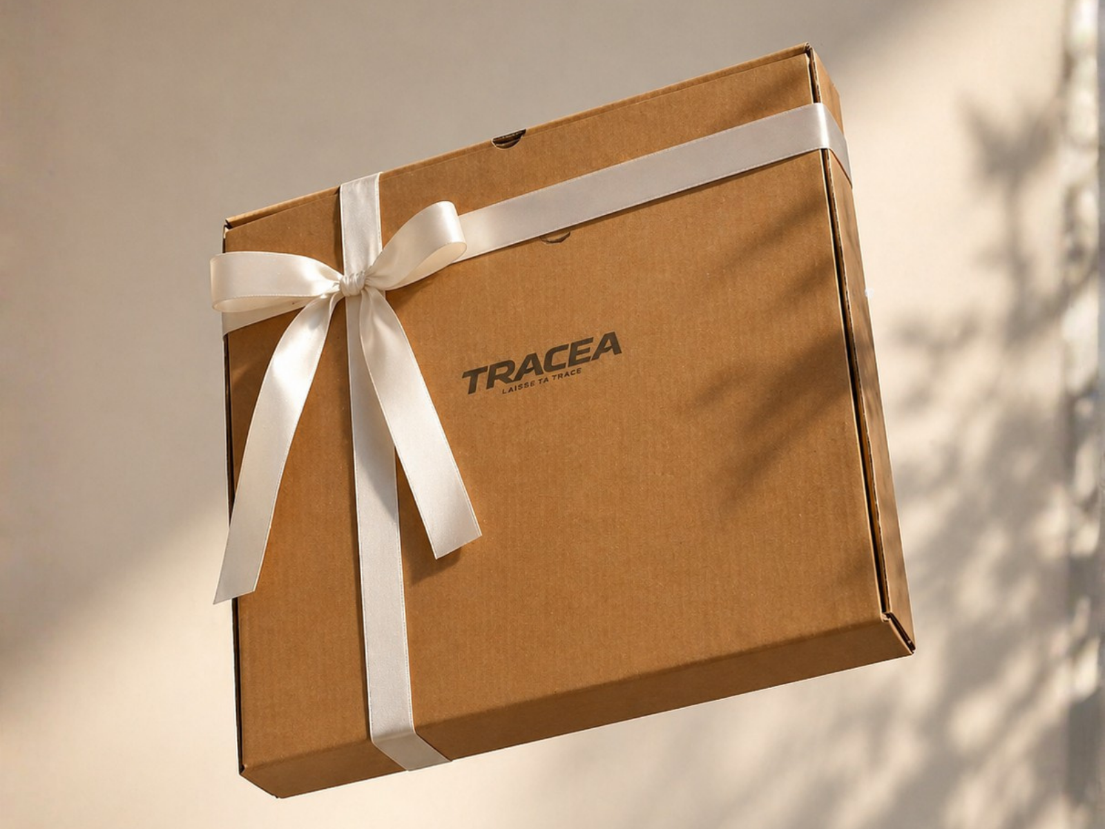 Affiche TRACEA emballée comme cadeau avec ruban, posée au sol